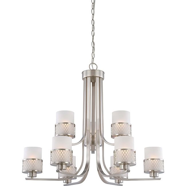 Shop Fusion 9 Light Chandelier Nickel W/ Frosted Glass In Fashionable Stone Gray And Nickel Chandeliers (View 8 of 15)