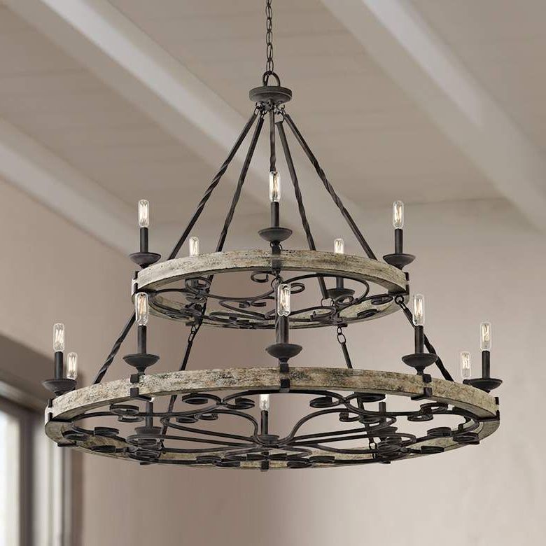 Taulbee 44" Wide Aged Zinc 15 Light Wagon Wheel Chandelier Intended For Famous Wood Ring Modern Wagon Wheel Chandeliers (View 10 of 15)