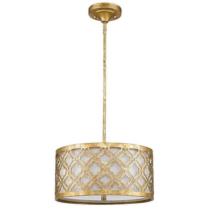 Well Known Distressed Cream Drum Pendant Lights Intended For Arabella 16" Wide Distressed Gold Drum Pendant Light (View 1 of 15)