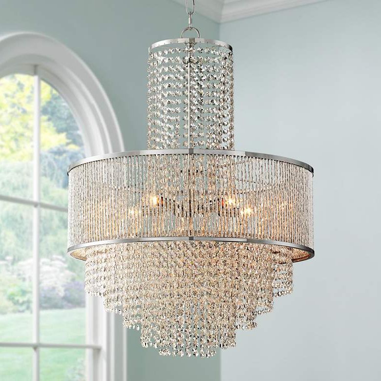 Well Known Pioggia Chrome 23 1/2" Wide Crystal Chandelier – #8G405 Regarding Chrome And Crystal Pendant Lights (View 7 of 15)