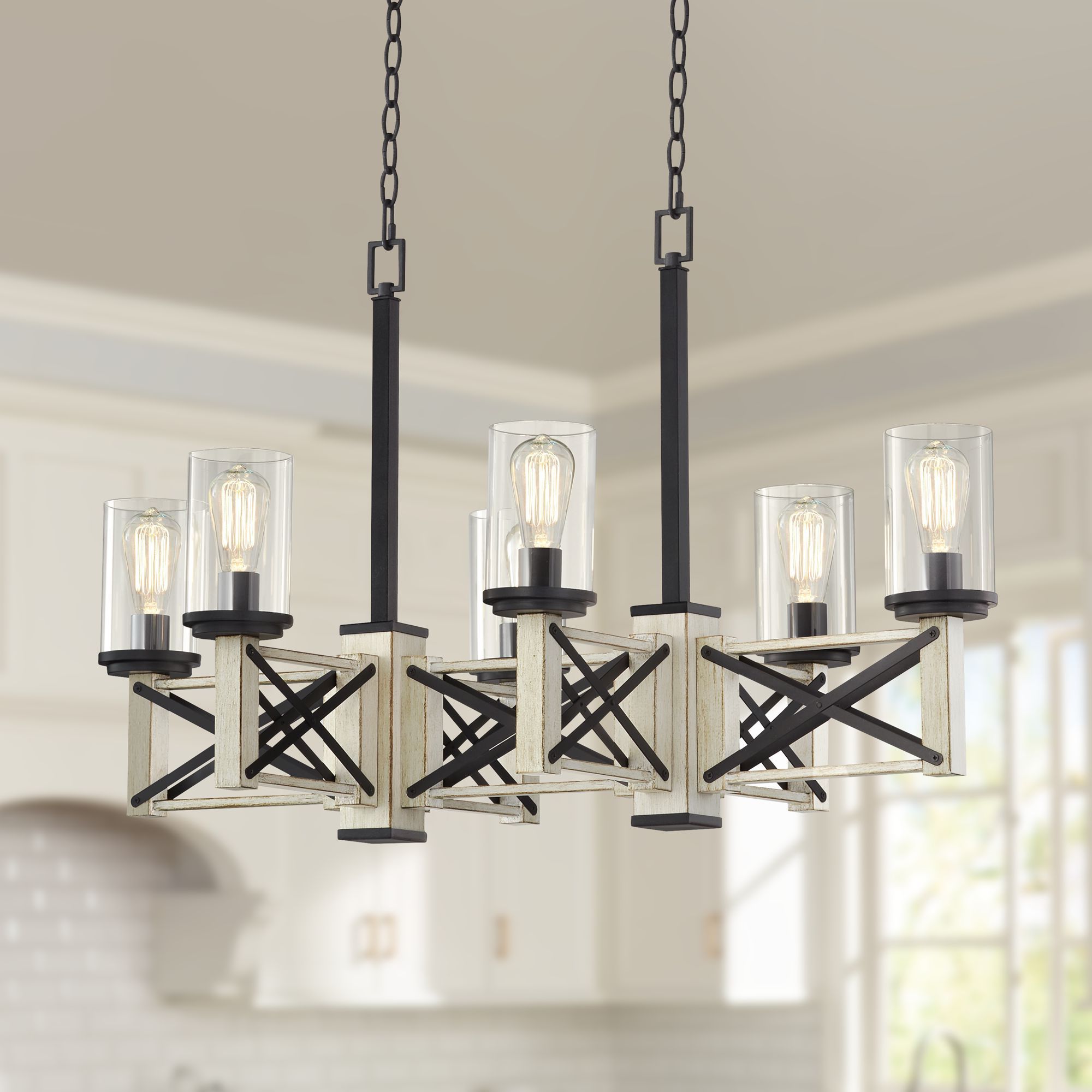 Well Known Rustic Black Chandeliers With Regard To Franklin Iron Works Black White Wash Wood Linear Pendant (View 15 of 15)