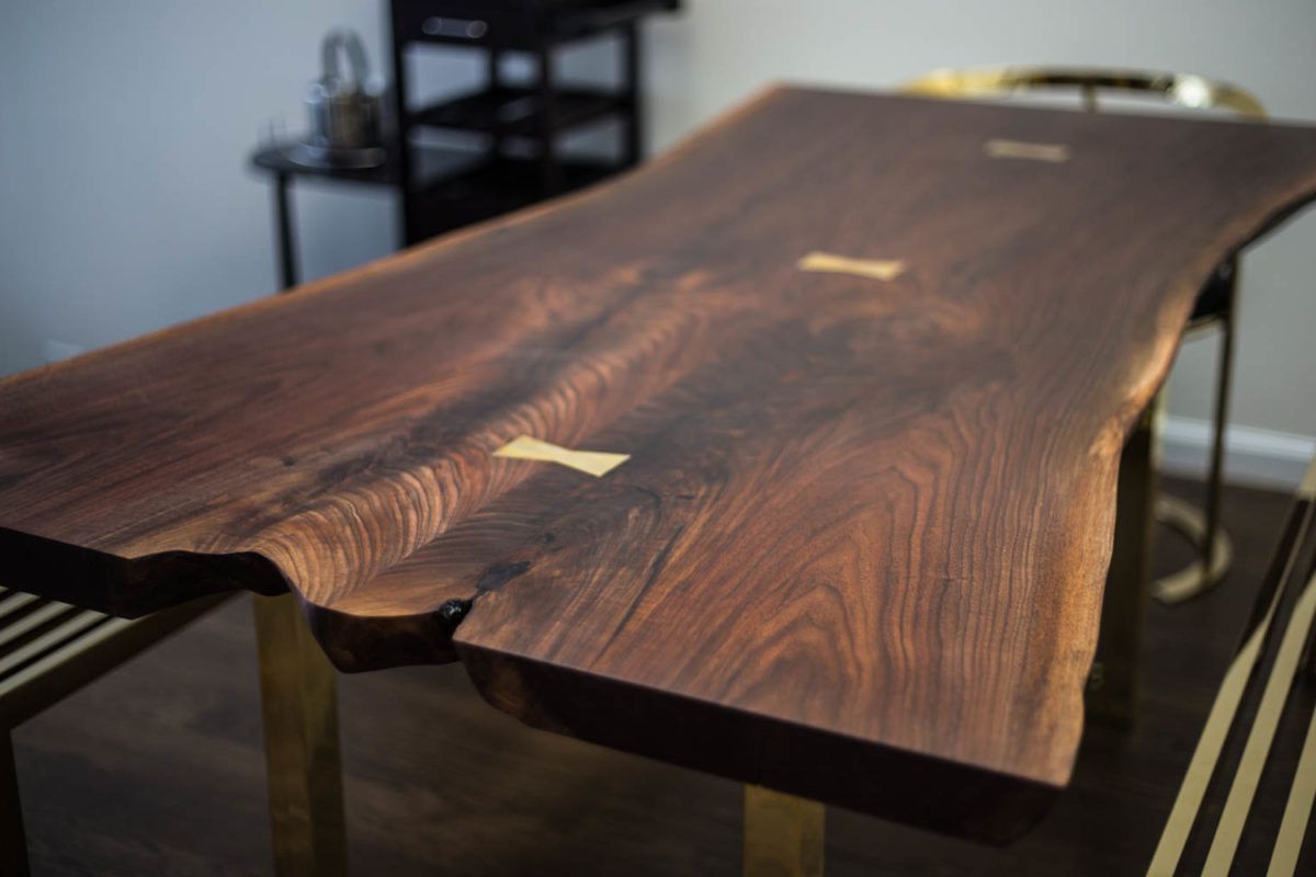 2020 Black Walnut Slab Dining Table With Polished Brass Bowtie For Black And Walnut Dining Tables (View 2 of 15)