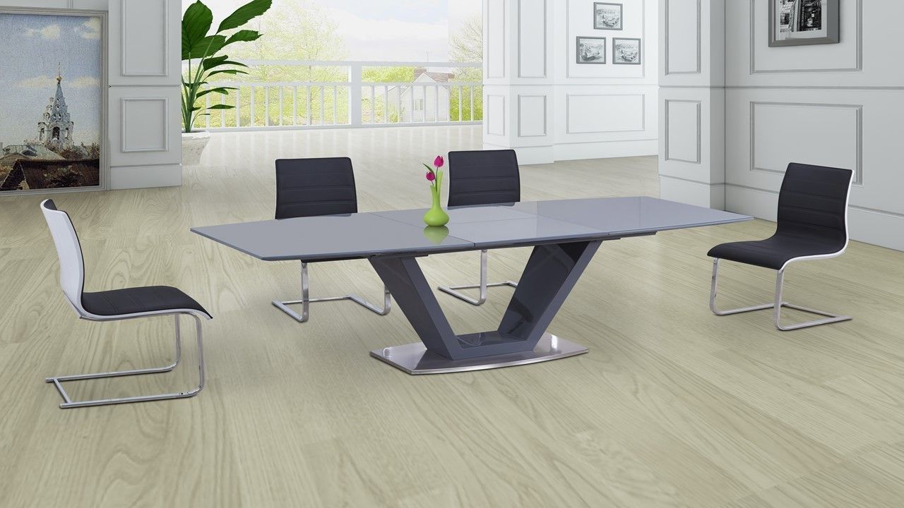 Grey Glass High Gloss Extending Dining Table And 6 Gloss Pertaining To Best And Newest Glossy Gray Dining Tables (View 11 of 15)
