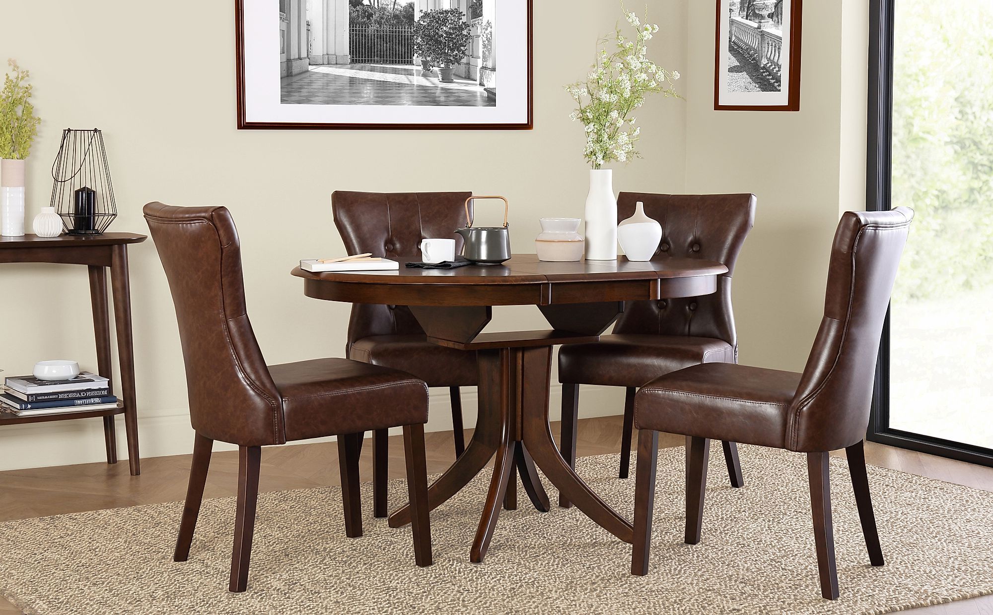 Hudson Round Dark Wood Extending Dining Table With 6 With 2019 Brown Dining Tables (View 9 of 15)