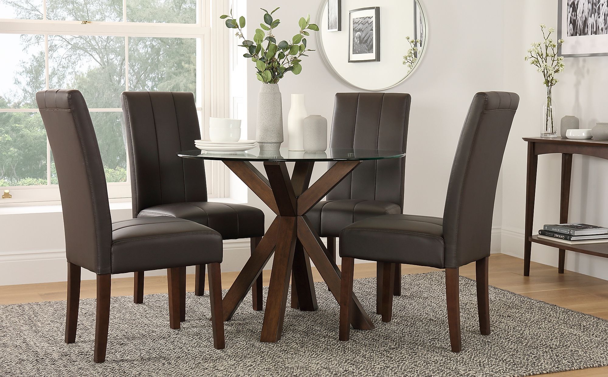 Latest Hatton Round Dark Wood And Glass Dining Table With 4 For Dark Brown Round Dining Tables (View 7 of 15)