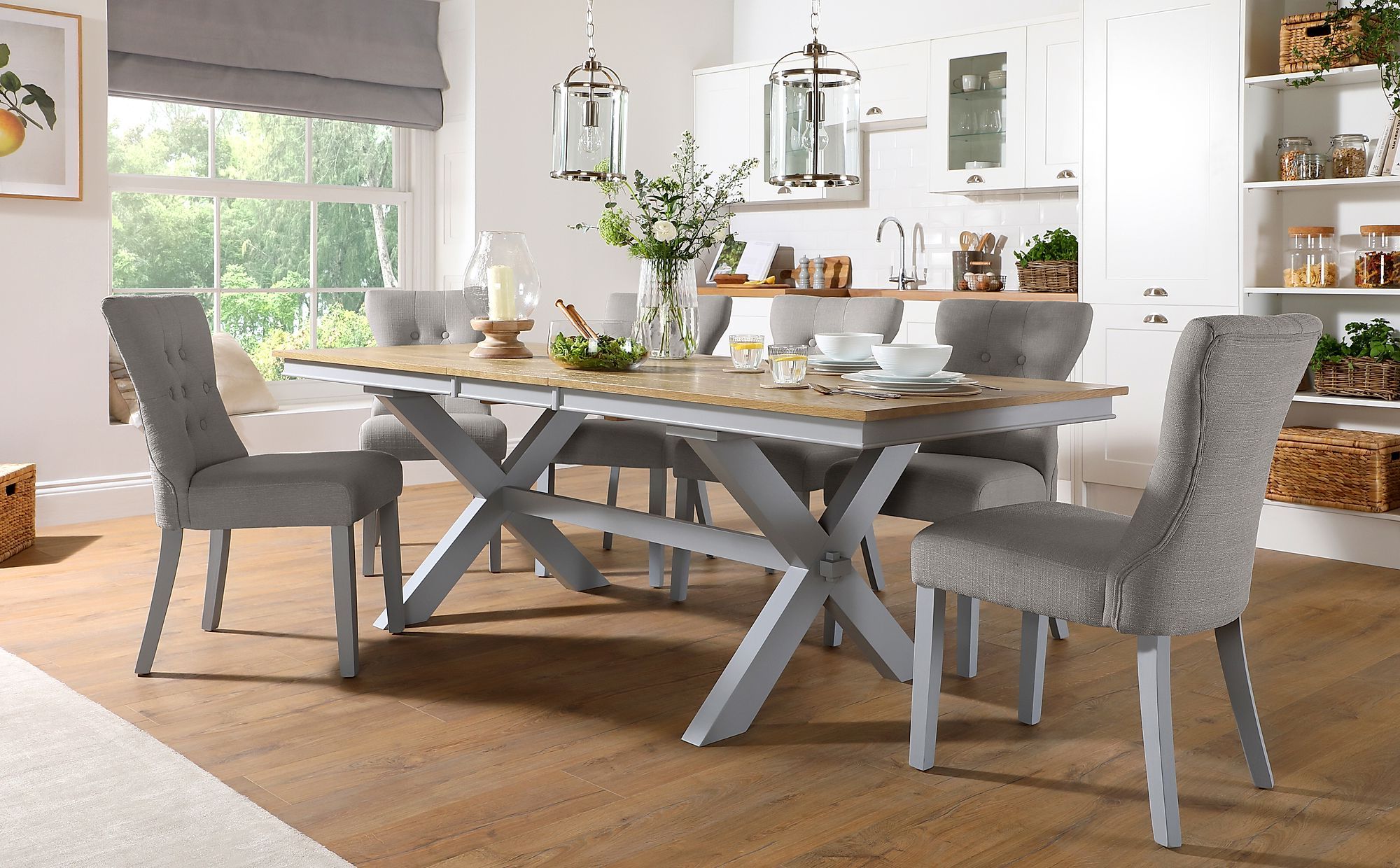 Popular Grange Painted Grey And Oak Extending Dining Table With 6 Inside Gray Dining Tables (View 15 of 15)