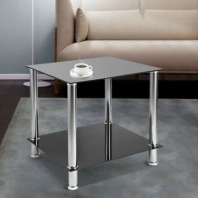 2 Tier Glass Sofa Side End Table Shelf Black Chrome Coffee Pertaining To Most Current Polished Chrome Round Console Tables (View 3 of 15)