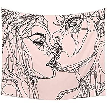 2018 Amazon: Qees Women/Men Kissing Tapestry White Wall Inside Line Art Wall Art (View 9 of 15)