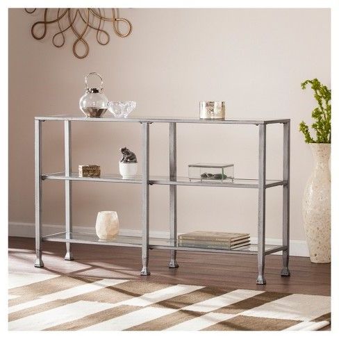 2019 Silver Stainless Steel Console Tables Regarding Jamel 3 – Tier Console Table – Distressed Silver – Aiden (View 9 of 15)