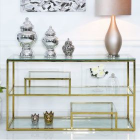 Bailey Gold Steel 3 Tier Console Table With Glass Shelves For Fashionable 3 Tier Console Tables (View 8 of 15)