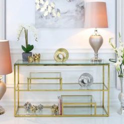 Bailey Gold Steel 3 Tier Console Table With Glass Shelves Throughout Well Known 3 Tier Console Tables (View 11 of 15)