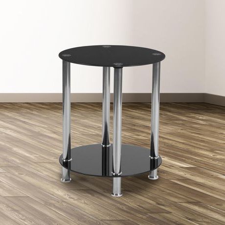 Black Round Glass Top Console Tables For Most Current Riverside Collection Black Glass End Table With Shelves (View 1 of 15)