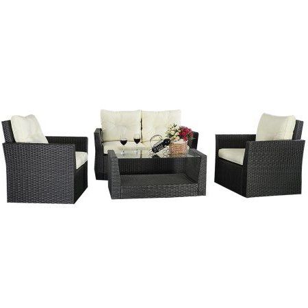 Costway 4Pc Rattan Sofa Furniture Set Patio Garden Lawn For Popular Black And Tan Rattan Console Tables (View 4 of 15)