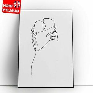 Couple Hugging One Line Abstract Drawing Bedroom Wall Art For Most Popular Line Art Wall Art (View 2 of 15)