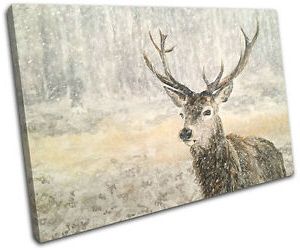 Deer Stag Winter Painting Snow Animals Single Canvas Wall With Best And Newest Snow Wall Art (View 14 of 15)