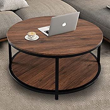 Famous Amazon: 36" Wood Round Coffee Table, Industrial Wood With Regard To Metal Legs And Oak Top Round Console Tables (View 3 of 15)