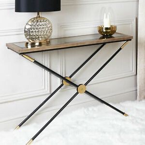 Famous Clear Glass Top Console Tables Pertaining To Byron Black Gold Wood Glass Lounge Display Hall Console (View 9 of 15)