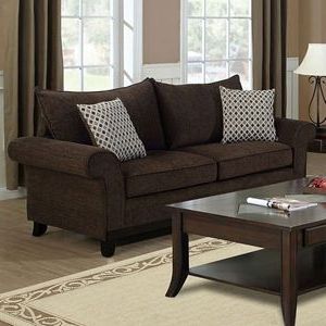Favorite Lavanchy Sofa – Chocolate Chenille, 2 Accent Pillows Within Cocoa Console Tables (View 4 of 15)
