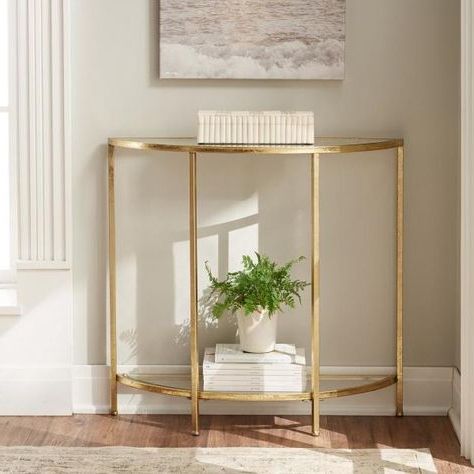 Glass And Gold Console Tables Throughout Famous Home Decorators Collection Bella Demilune Gold Leaf Metal (View 2 of 15)