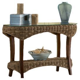Glass And Gold Oval Console Tables Within Fashionable Beveled Glass Topped Console Table With A Woven Abaca Wood (View 13 of 15)
