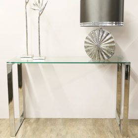 Glass And Stainless Steel Console Tables Inside Trendy Claudette Stainless Steel And Glass Console Table Hallway (View 4 of 15)