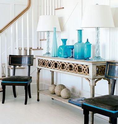 Gray And Gold Console Tables With Regard To Widely Used Turquoise Blue Bottles – Cottage – Entrance/Foyer (View 2 of 15)