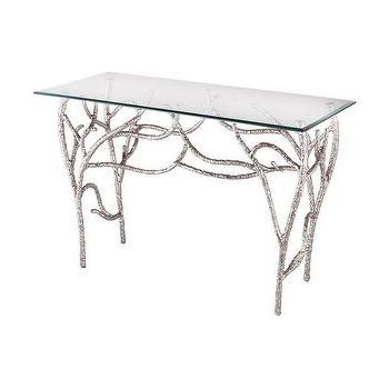 Jocelyn Nickel And Glass Console Table Throughout Popular Gold And Mirror Modern Cube Console Tables (View 13 of 15)