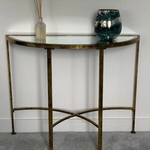 Latest Half Moon Console Table Antique Gold Metal Vintage Glass Regarding Chrome And Glass Rectangular Console Tables (View 10 of 15)