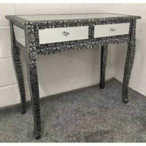 Latest Mirrored Blackened Silver Metal Embossed Slim Leg Dressing For Silver Stainless Steel Console Tables (View 14 of 15)