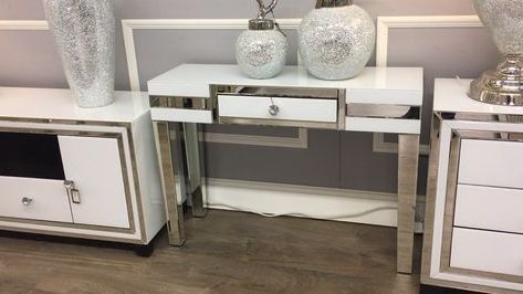 Madison White Glass Mirrored 1 Drawer Console Table In Pertaining To Fashionable White Geometric Console Tables (View 1 of 15)