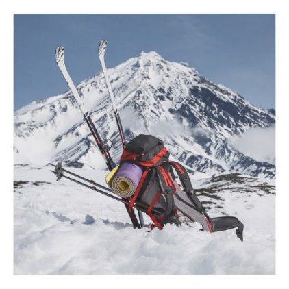Most Current Backpack And Skis On Snow On Background Volcano Panel Wall In Snow Wall Art (View 11 of 15)