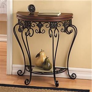 Most Popular Wrought Iron Console Tables Pertaining To Walnut & Wrought Iron Half Moon Table (View 4 of 15)