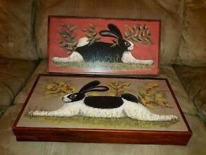 Popular (2) Set Red Green Folk Art Bunny Rabbit Wood Framed Art With Lines Framed Art Prints (View 6 of 15)