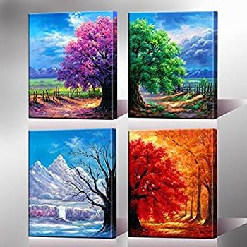 Preferred Amazon: Nuolanart  4 Seasons Modern Landscape 4 Panels Pertaining To Landscape Framed Art Prints (View 3 of 15)
