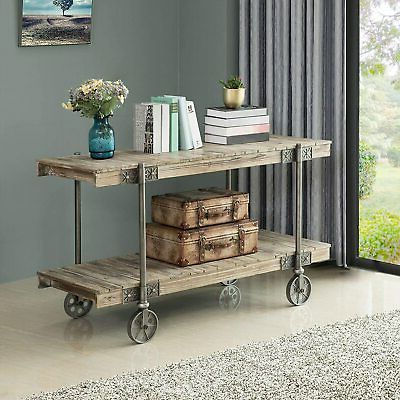 Rustic Factory Cart Console Buffet Table Wheels Weathered For Most Up To Date Rustic Espresso Wood Console Tables (View 14 of 15)
