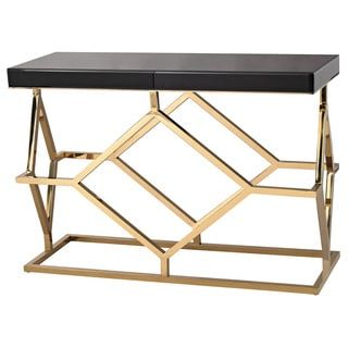 Shop Cortesi Home Black And Gold Glass Remini Narrow In Current Glass And Gold Oval Console Tables (View 11 of 15)