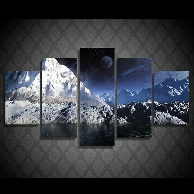 Snow Wall Art With Most Current Snow Mountain Moon Nightscape 5 Piece Hd Poster Art Wall (View 1 of 15)