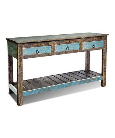 Square Weathered White Wood Console Tables Inside Most Recent Love This Distressed Teal Stanley Sofa Table On #Zulily! # (View 9 of 15)