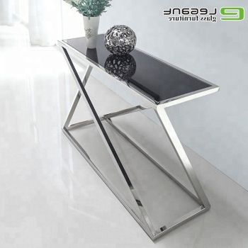 Stainless Steel Console Table With Tempered Black Glass Within Popular Aged Black Console Tables (View 14 of 15)