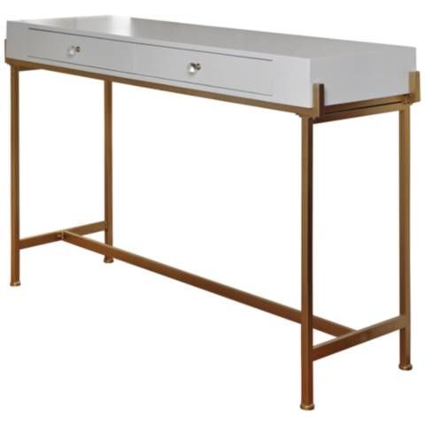 Trendy Antique White Lacquer Top And Gold 2 Drawer Console Table In Geometric Glass Top Gold Console Tables (View 2 of 15)