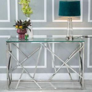 Trendy Chrome And Glass Modern Console Tables In Urban Deco Maze Glass And Chrome Console Table (View 7 of 15)