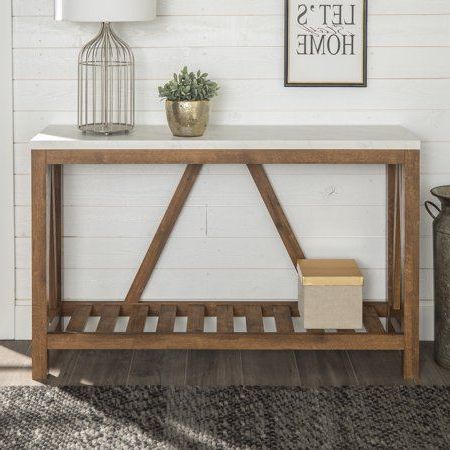 Trendy Modern Farmhouse White Faux Marble And Walnut Entryway With Regard To Faux White Marble And Metal Console Tables (View 9 of 15)