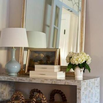 Well Known Cream And Gold Console Tables With Gold Mirrored Waterfall Console Table With Navy Lamps (View 8 of 15)