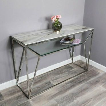 Well Liked White Marble Console Tables With Regard To White Marble Glass Console Side Hall Table With Silver (View 1 of 15)