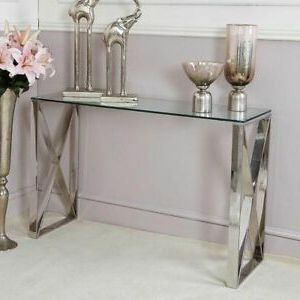 White Geometric Console Tables Regarding 2019 Silver Stainless Steel Console Table Clear Glass Hall (View 13 of 15)