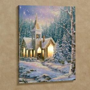 Winter Snow Lighted Church Chapel Hanging Wall Canvas Art With Regard To 2017 Snow Wall Art (View 3 of 15)