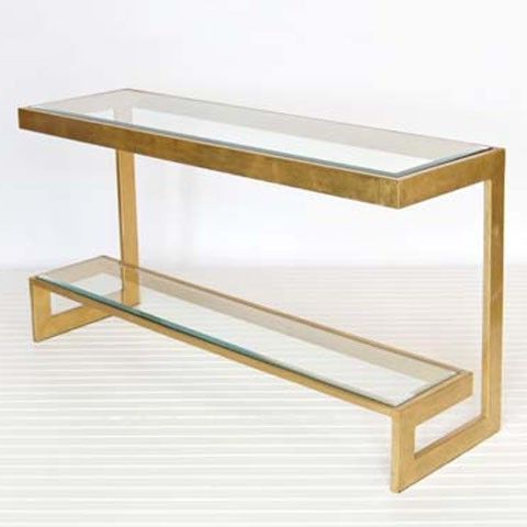 Worlds Away Noho Low Console In Gold Leaf With Clear Glass Regarding Most Recent Silver Leaf Rectangle Console Tables (View 2 of 15)
