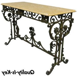 Wrought Iron Console Tables Intended For Fashionable French Art Nouveau Green Wrought Iron Marble Top Scrolling (View 8 of 15)