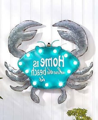 2018 Lighted Crab Metal Coastal Wall Sign Sculpture Sea Life Beach Themed Regarding Sea Wall Art (View 1 of 15)