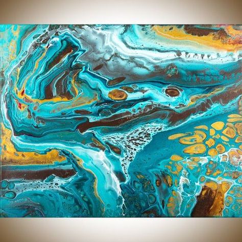 Fluid Wall Art In Most Popular Acrylic Pour Fluid Art Turquoise Blue Gold Abstract Art Canvas Art (View 9 of 15)